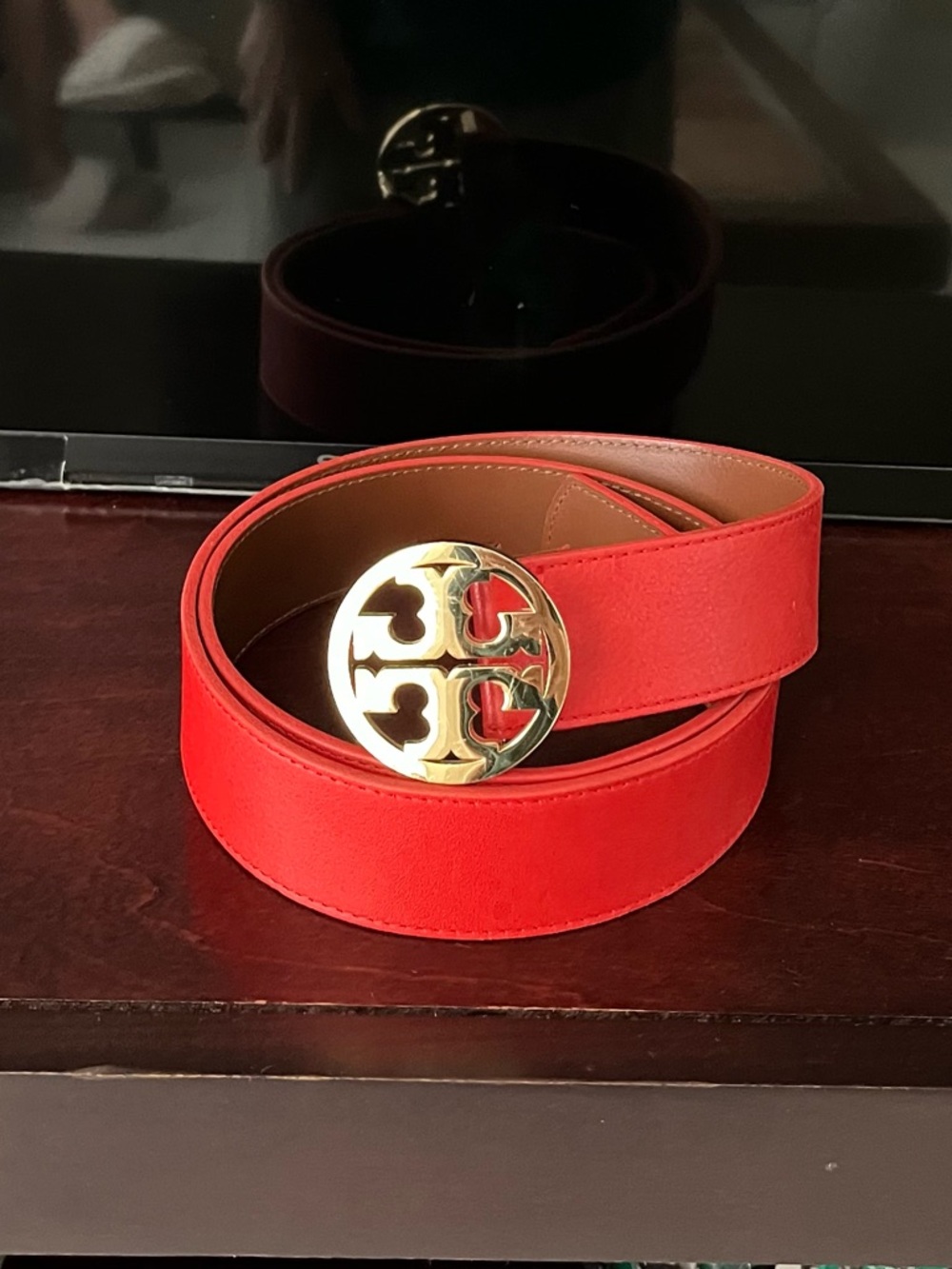 Tory Burch Red Suede Belt with Gold Logo Buckle